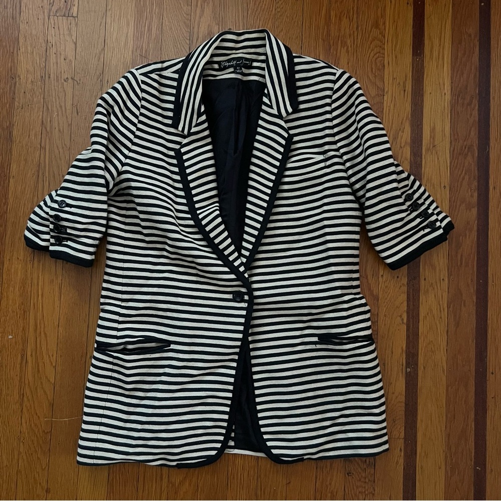 Elizabeth & James striped blazer black tan 10 short sleeve jacket EUC